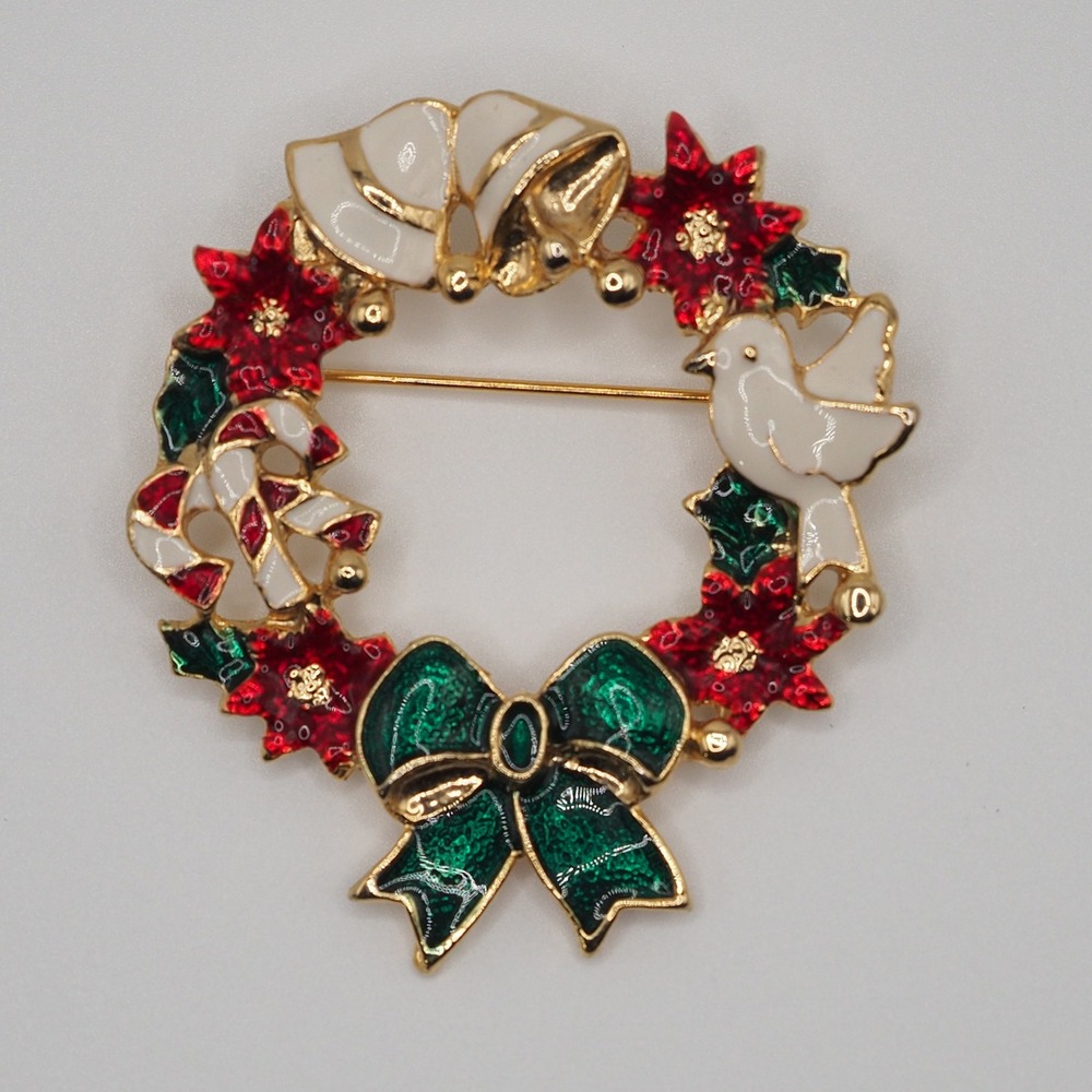 SFJ Brooch Christmas Wreath Enamel Poinsettia Peace Dove Holiday Gold Tone Vtg